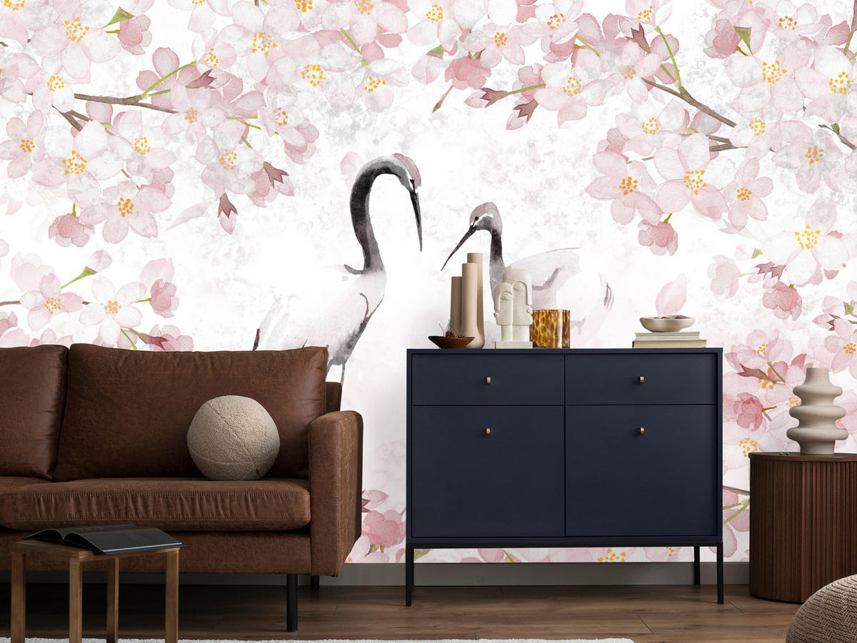 FOTOTAPETE für Schlafzimmer Kraniche Kirschblüten Aquarell Natur Rosa Vintage Blüten 150x105 - Beige/Rosa, Papier (150/105cm) - Muralo