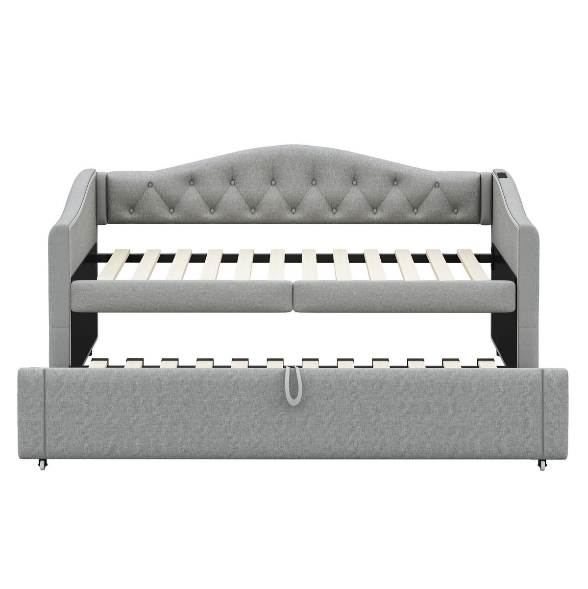 POLSTERBETT aus Leinen 90x200 cm Grau mit USB-Anschluss, ausziehbarer Funktion und Lattenrost - Grau, Textil (90/200cm) - Modfu