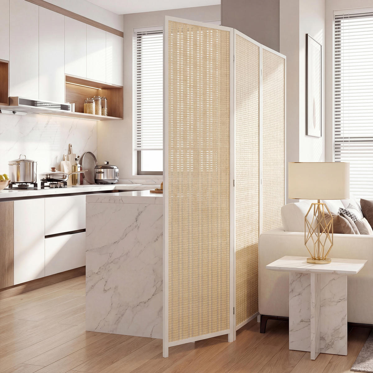 PARAVENT 3-tlg DE-14372 faltbar mit Bambusgeflecht Weiß - Weiß, Naturmaterialen (135/180/1.7cm) - ComfortXL