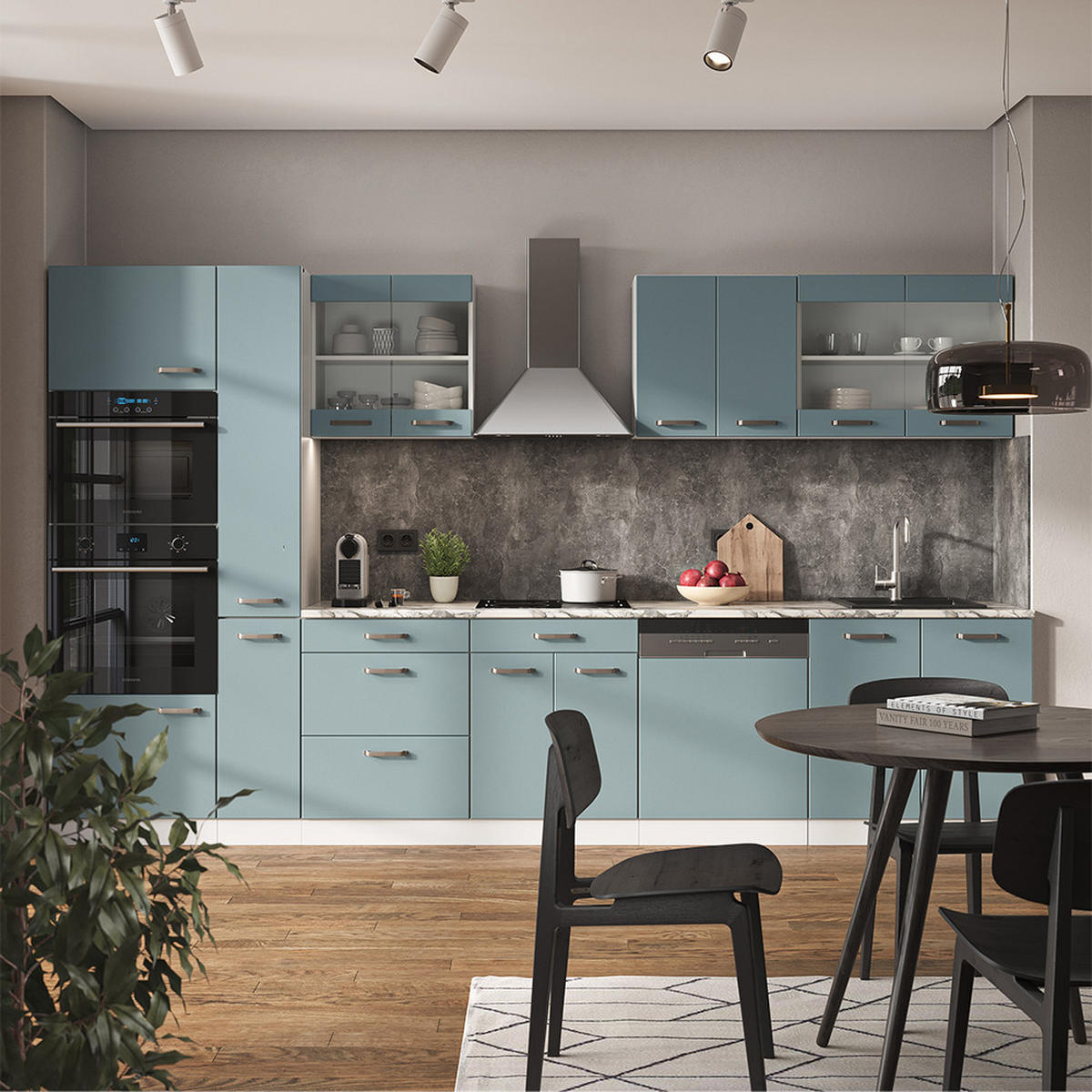 KÜCHENZEILE R-Line Blau-Grau/Weiß 350 cm mit Hochschrank, AP Eiche - Blaugrau/Weiß, Holzwerkstoff (350/81.6/60cm) - Vicco