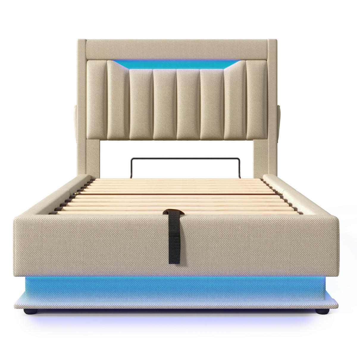 POLSTERBETT mit Stauraum 90x200 cm Leinen Beige mit LED und USB - Beige, Metall (90/200cm) - Meubliv