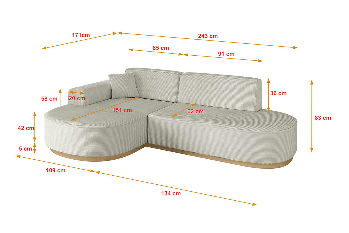 ECKSOFA Ottomane Links MARI-L1-v2 - 243x171x83 cm Hellgrau Cord - Hellgrau, Holzwerkstoff/Textil (243/171cm) - ALTDECOR