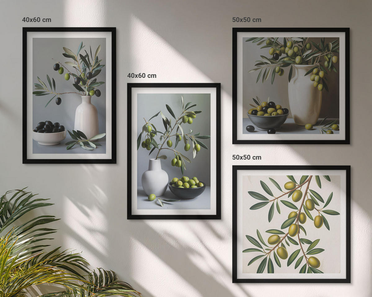 BILDER SET 4er Set - 50x50 cm & 40x60 cm Schwarzer Rahmen - Oliven in Vasen in gedeckten Farben - Schwarz, Kunststoff (50/50cm) - TULUP