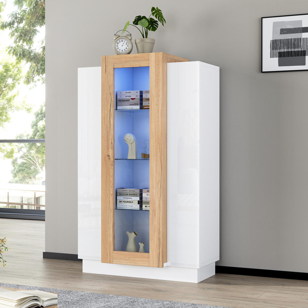 VITRINE 74/40/120 cm in Weiß/Natur mit 3 Türen und LED-Beleuchtung - Weiß, Holzwerkstoff (74/120/40cm) - Flora Grace