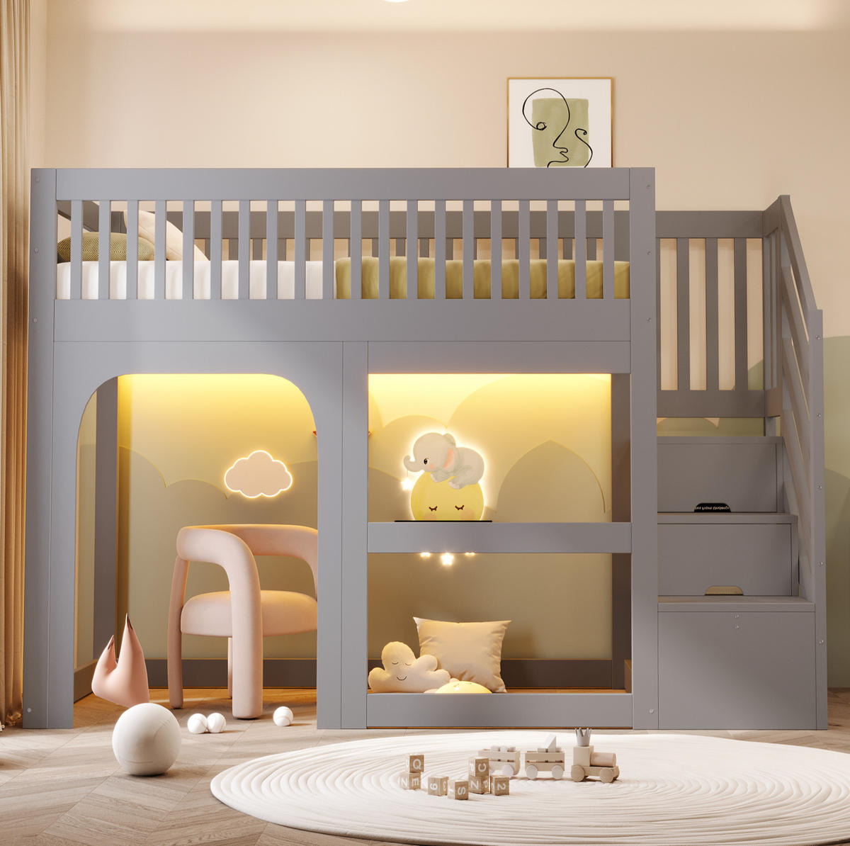 KINDER-HOCHBETT 90x200 cm in Grau mit Stauraumtreppe, LED-Beleuchtung und Lattenrost - Grau, Holz (90/200cm) - IVMEU