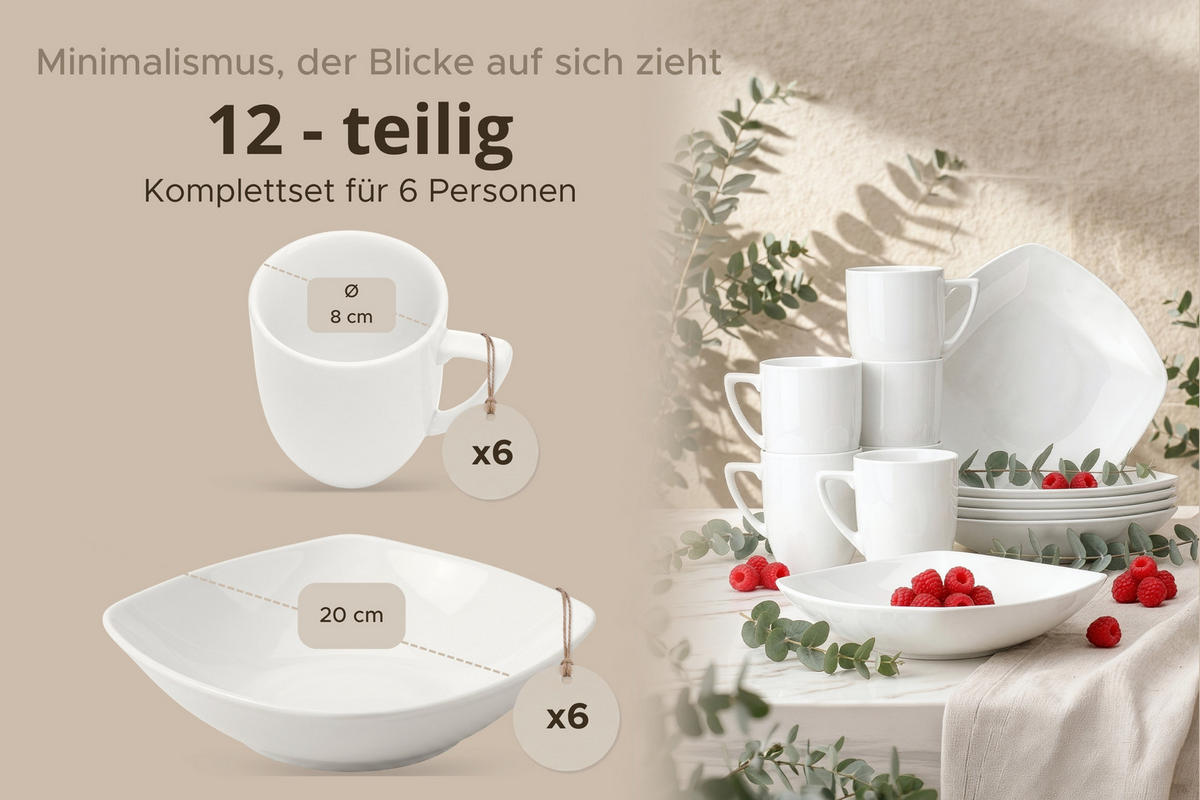 FRÜHSTÜCKS-GESCHIRRSET CARLINA 6-Personen 12-tlg - Weiß, Keramik (20/2/20cm) - KONSIMO®