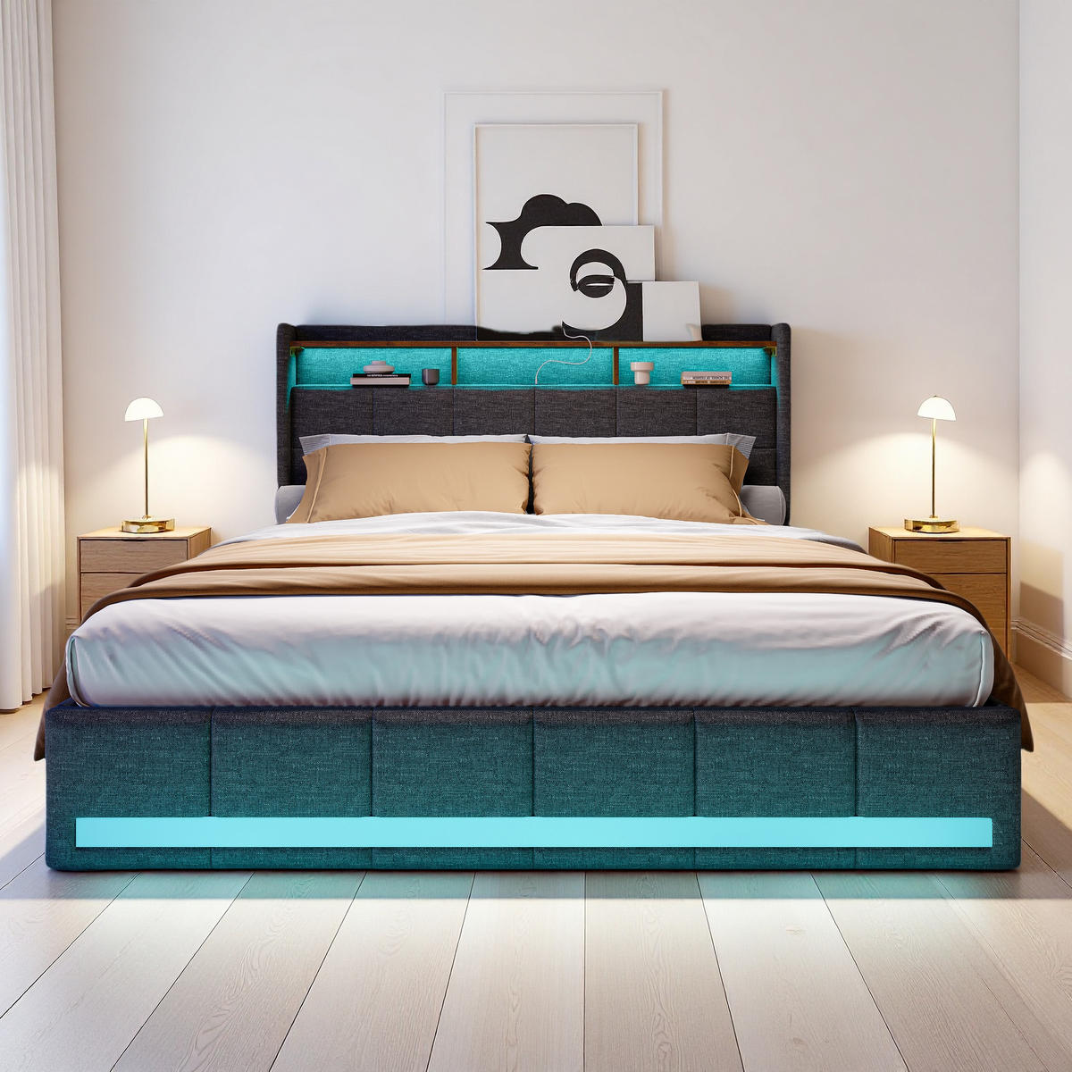 POLSTERBETT 140x190 cm Grau Leinen LED USB 4 Schubladen - Grau, Metall - SHOPENTRA