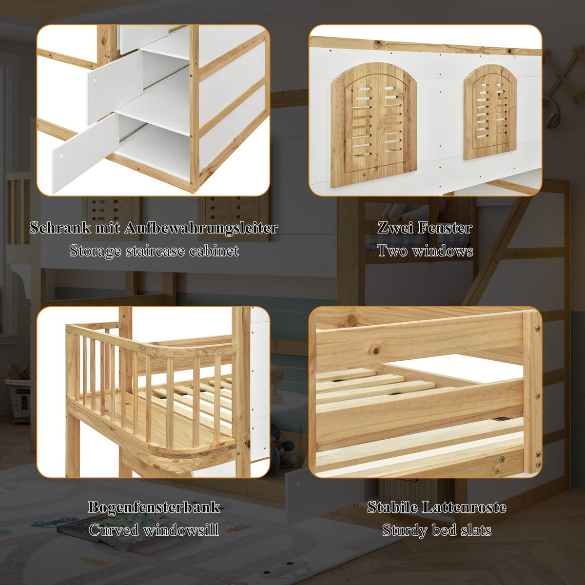 HOCHBETT 90/200 cm, Natur/Weiß mit Treppenschrank und Spielfläche - Weiß, Holz (90/200cm) - MIVRAY