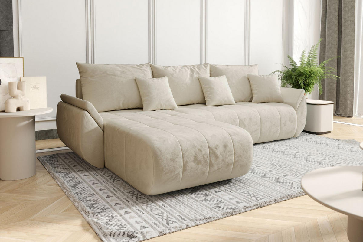 ECKSOFA Mit Schlaffunktion Und Bettkasten TOKYO, Stoff MONOLITH, Ecru, Links - Ecru, Holz (280/190cm) - Kaiser Möbel