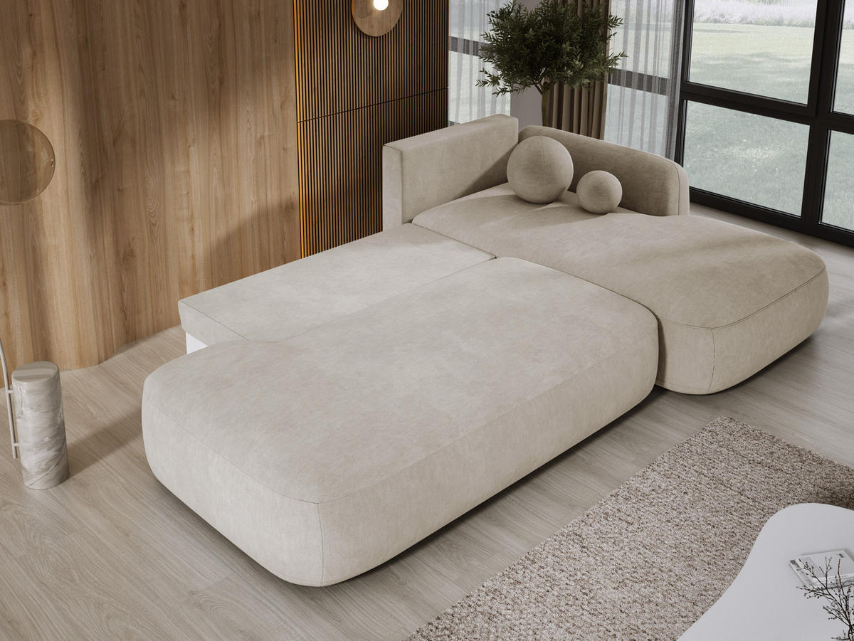 ECKSOFA BABU mit Bettfunktion – Moderne Polsterecke für Wohnzimmer, Funktionales Schlafsofa im Stoff CLOUD, 300x105x60 cm, Rechte, – Beige - Ecru, Holz/Textil (300/190cm) - DomoHome