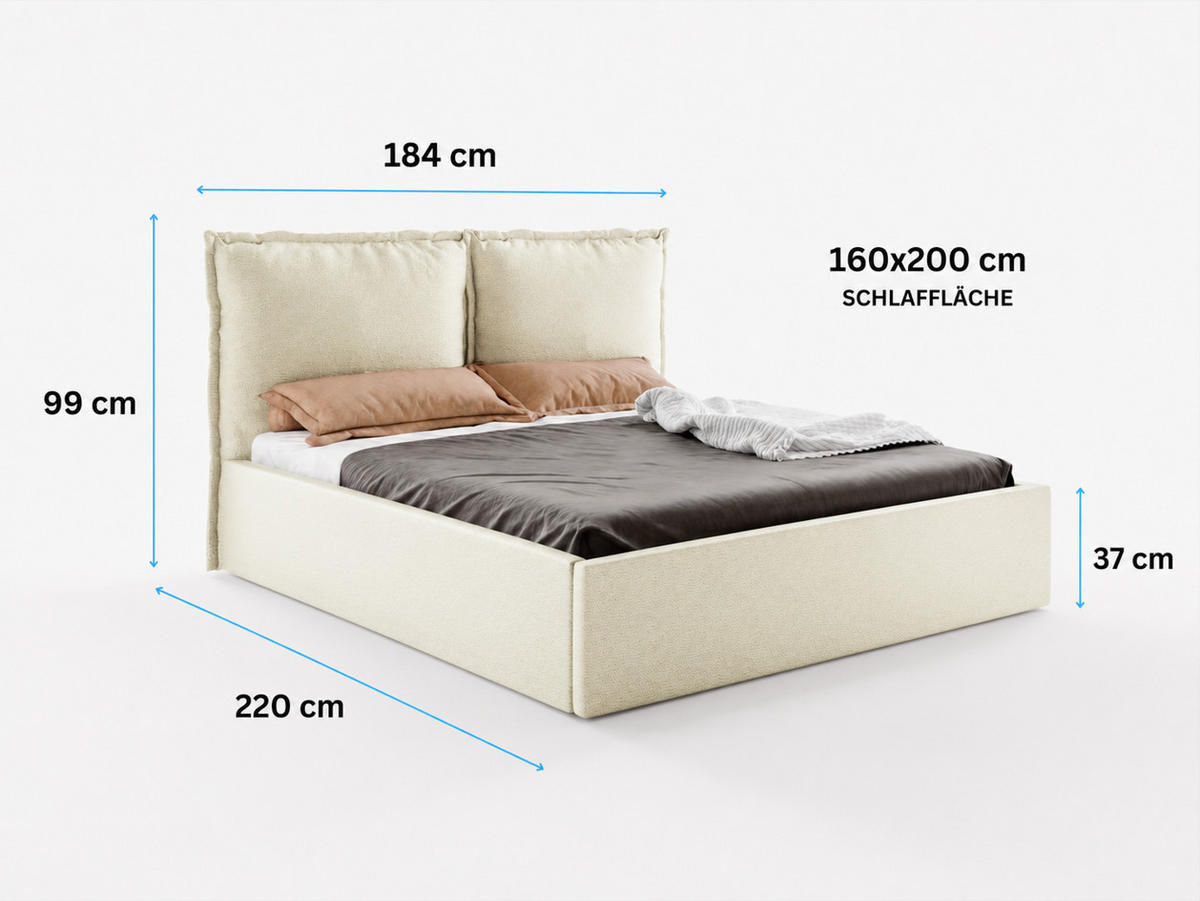 POLSTERBETT MIRA 160x200 cm mit Bettkasten, Stauraum und Metall-Lattenrost – VIBE Hellblau - Schwarz/Hellblau, Textil/Metall (160/200cm) - Luxkor24