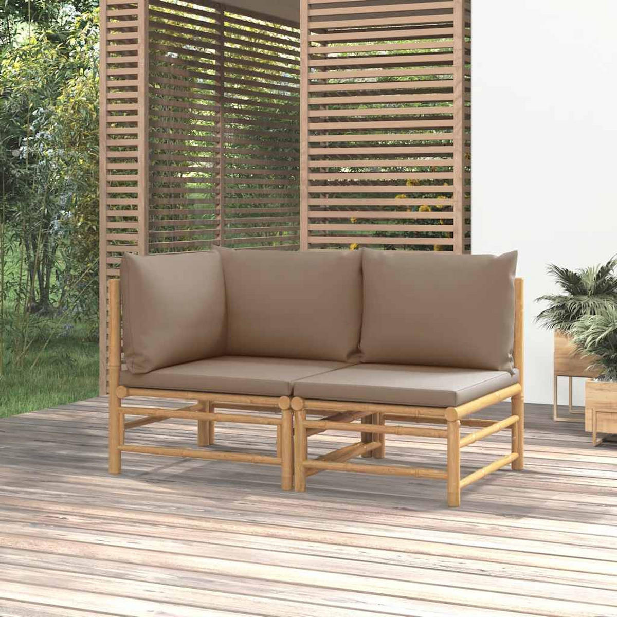 GARTEN-LOUNGE-SET 2-TLG. Mit Taupe Kissen Bambus - Taupe, Naturmaterialien (69/65/55cm) - vidaXL