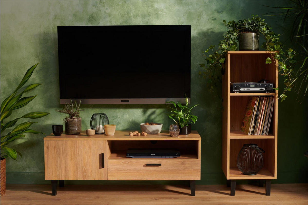 LOWBOARD FRISK TV-Schränke mit Schublade und Türe, beige - Eichefarben/Beige, Eichenholz/Holzwerkstoff (126/49/46cm) - KONSIMO®