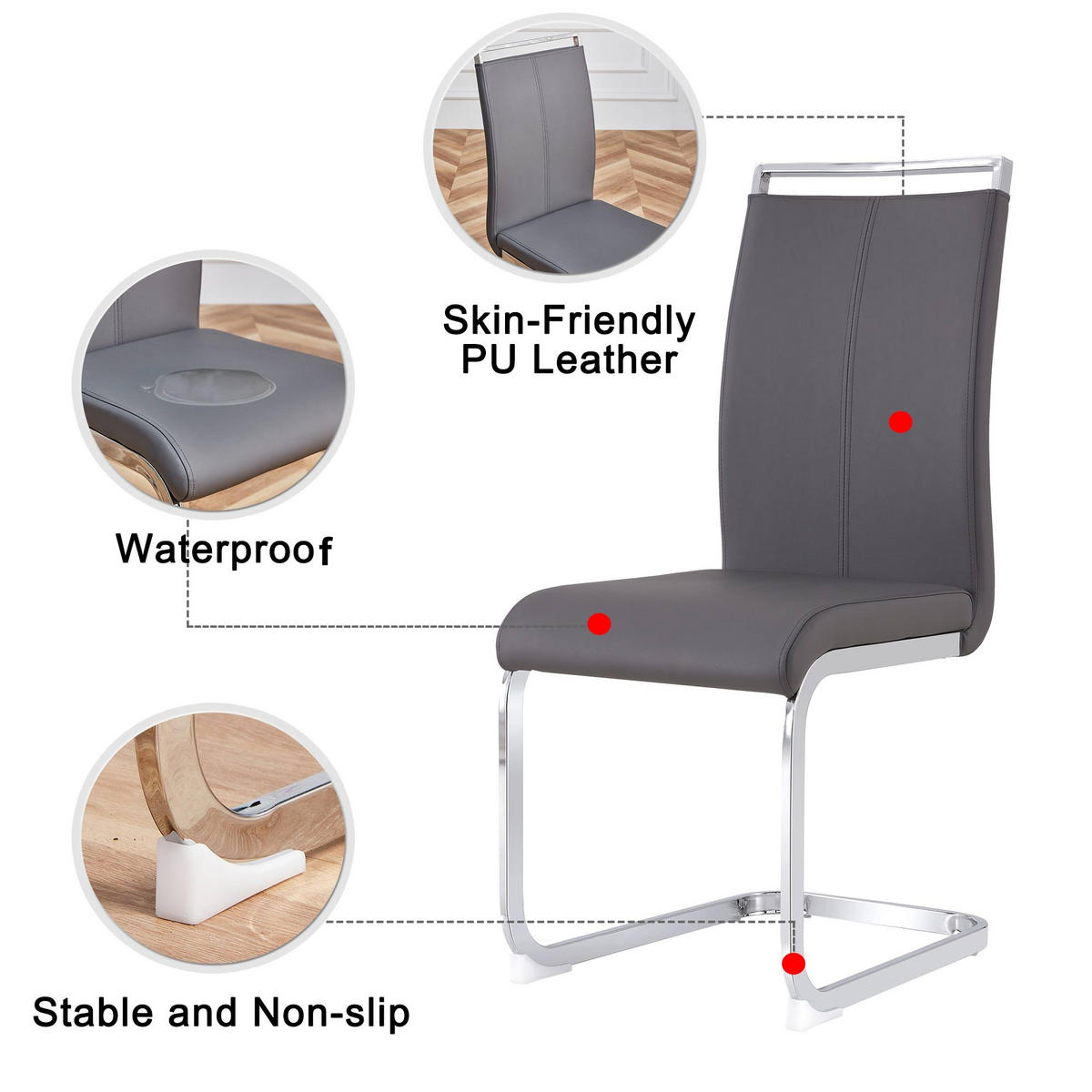 FREISCHWINGER 4er Set Kunstleder Grau Metallgestell 120kg - Grau, Leder (42/100/54cm) - FLIEKS
