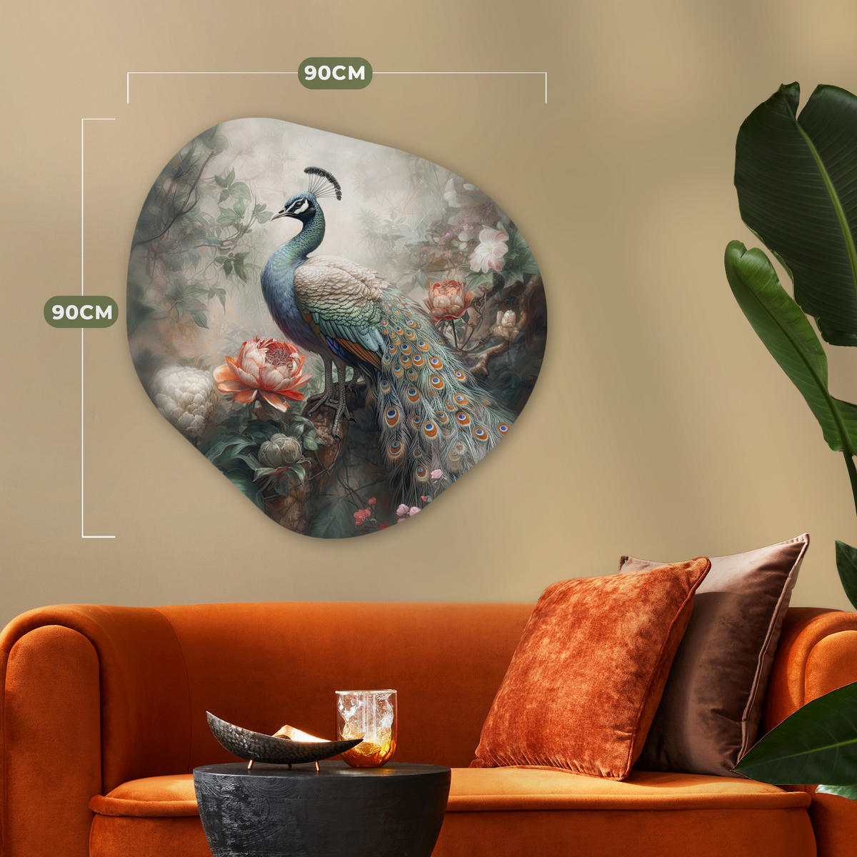 WANDBILD Pfau - Pfauenfedern - Vogel - Dschungel - Blumen 90x90 cm - Smaragdgrün, Kunststoff (90/90cm) - MuchoWow