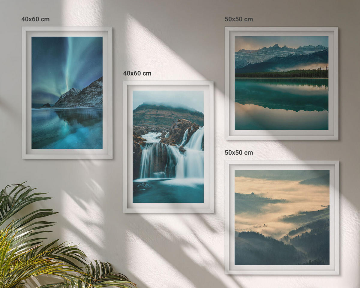 BILDER SET 4er Set - 50x50 cm & 40x60 cm Weißer Rahmen - Winterlandschaften, Wasserfälle, Nordlichter - Weiß, Kunststoff (50/50cm) - TULUP