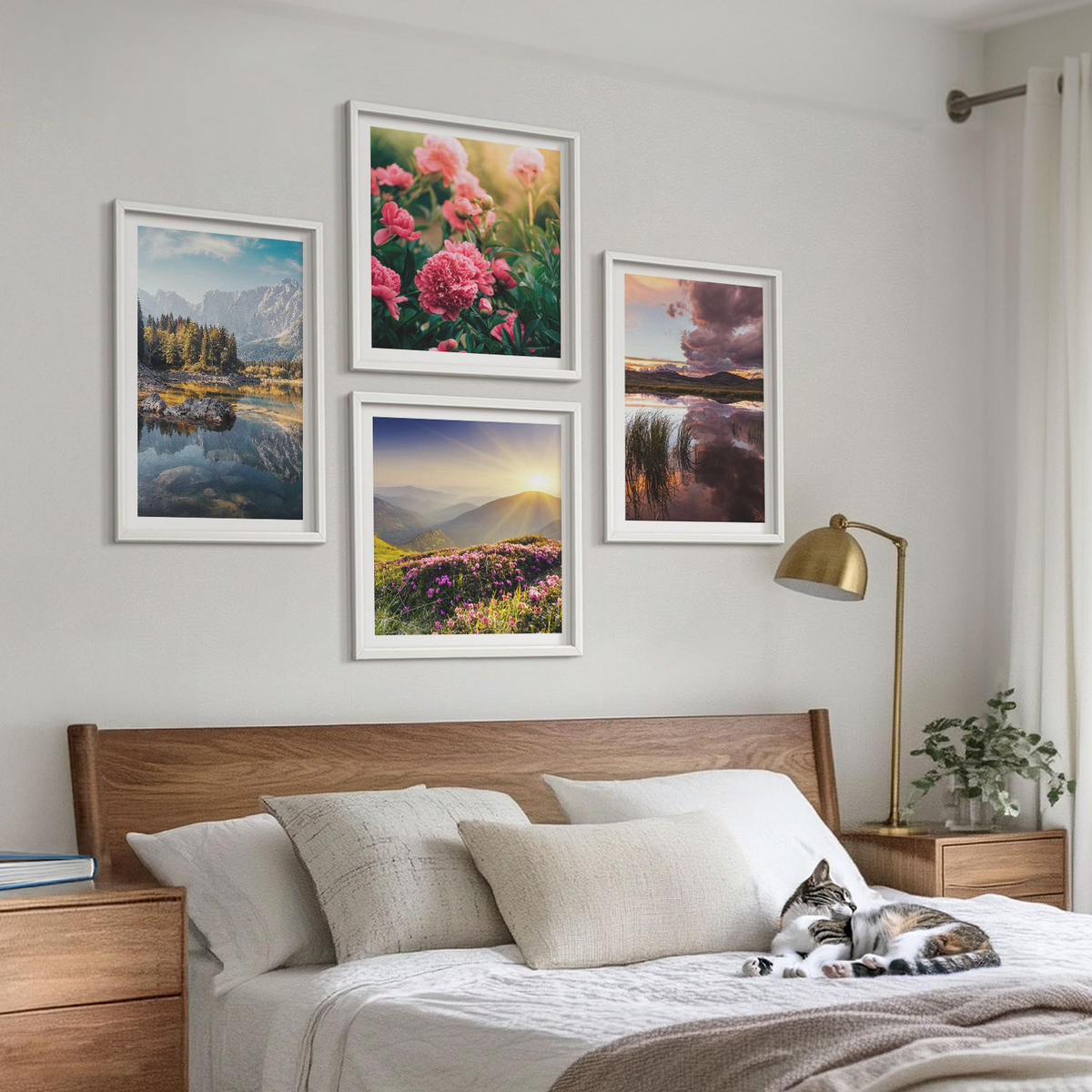 WANDBILDER 4er-Set - 50x50 cm & 40x60 cm Weißer Rahmen - Blumengarten, Bergwiese, Wasser - Weiß, Kunststoff (50/50cm) - ArtPrintCave