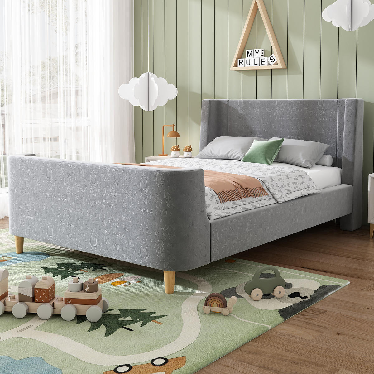 KINDEREINZELBETTEN aus Samt 90x200 cm in Grau mit Weltraummuster - Grau, Textil (90/200cm) - Modfu