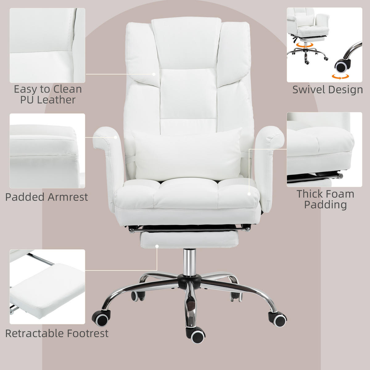BÜROSTUHL, Ergonomisch Schreibtischstuhl mit Liegefunktion, Lendenkissen, Weiß - Chromfarben/Weiß, Kunststoff/Metall (65/115/69cm) - HOMCOM