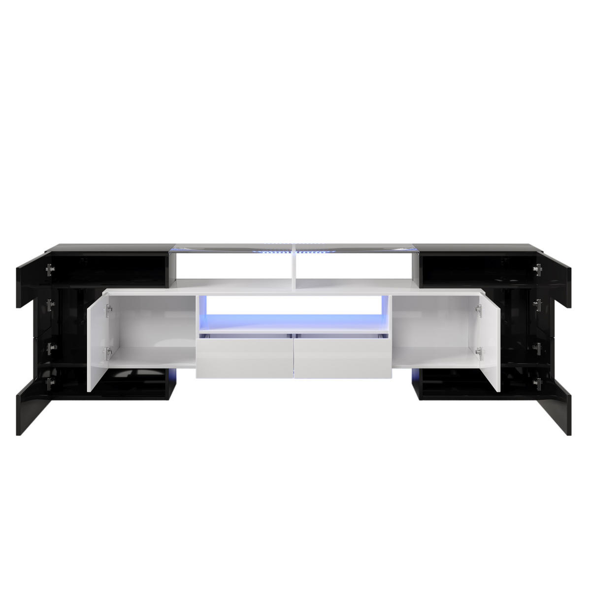 TV ormarić 200/35/60 cm crno-bijeli od iverice i MDF-a s LED rasvjetom i staklenom površinom - crna, drvni materijal (200/60/35cm) - OKWISH
