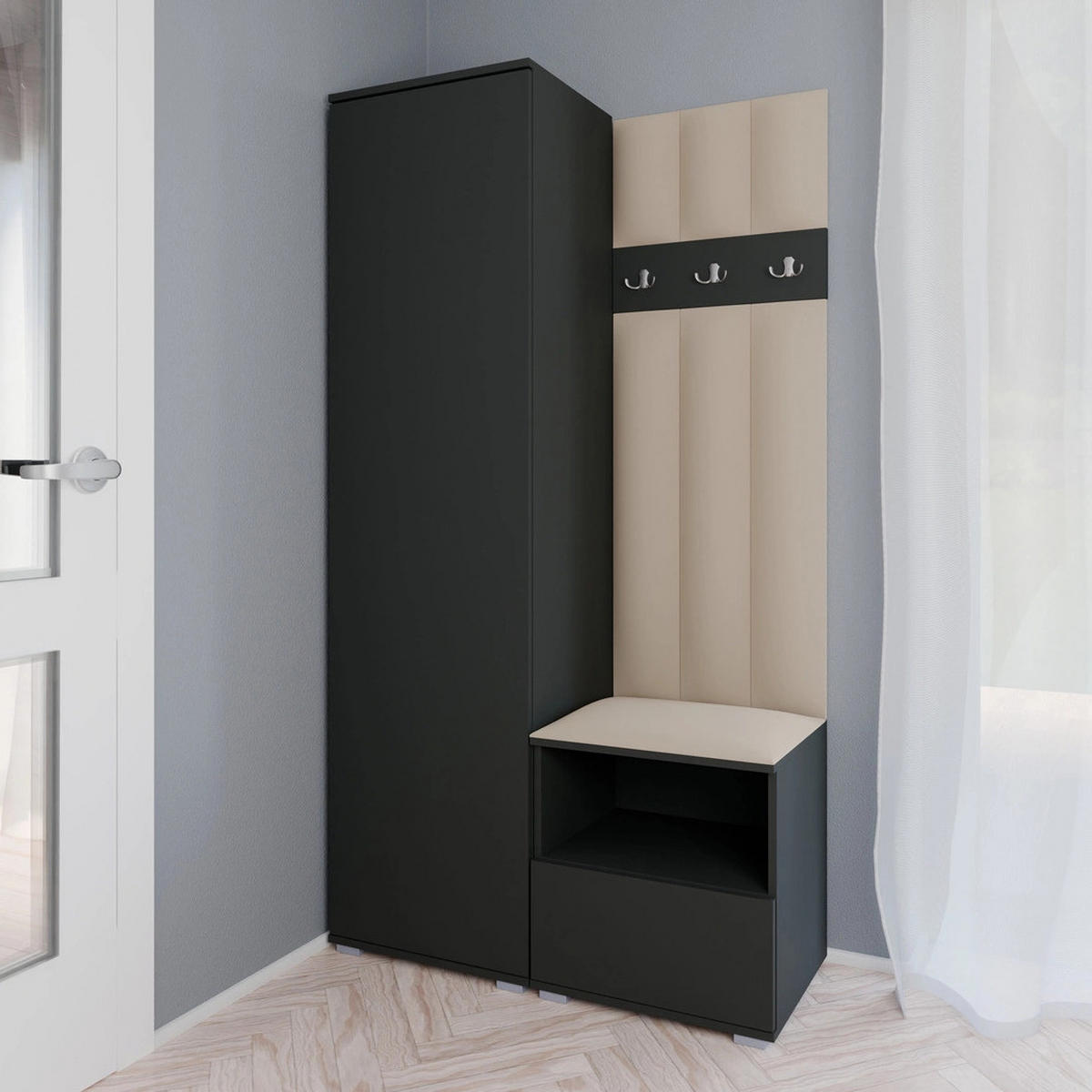 GEPOLSTERT Garderoben-Set Nela I LUX (Graphit + Stoff Trinity 04) - Beige/Silberfarben, Holz/Holzwerkstoff (100/187/40cm) - Ravio