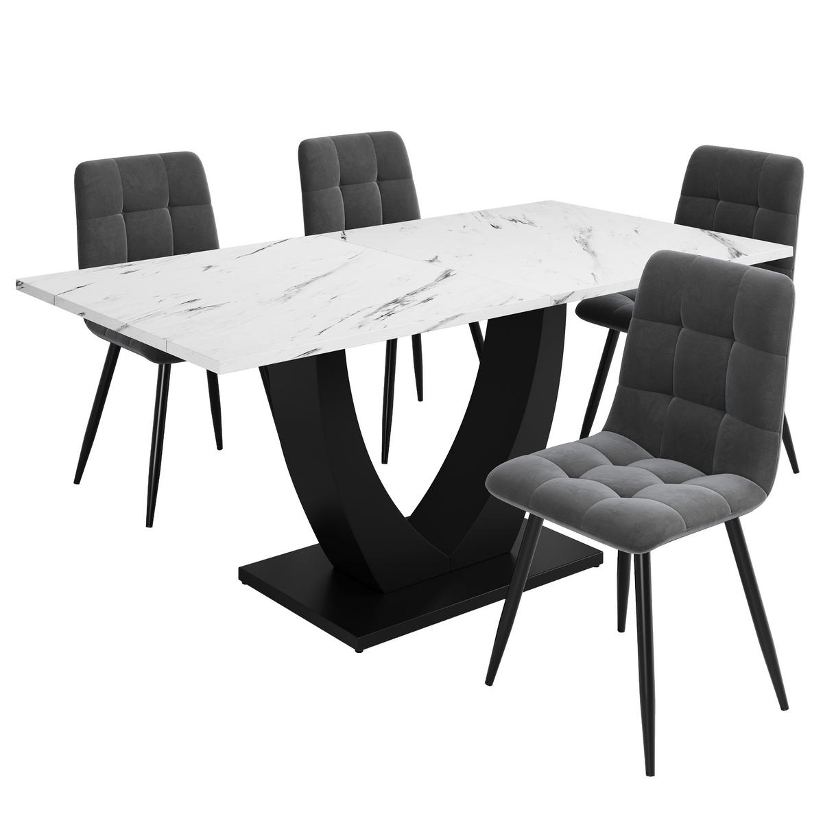 ESSTISCHSET 5-Teilig U-Form 4 Graue Samtstühle, Weiß Marmor, Schwarz - Multicolor, Holzwerkstoff (140/75.5/75cm) - FLIEKS