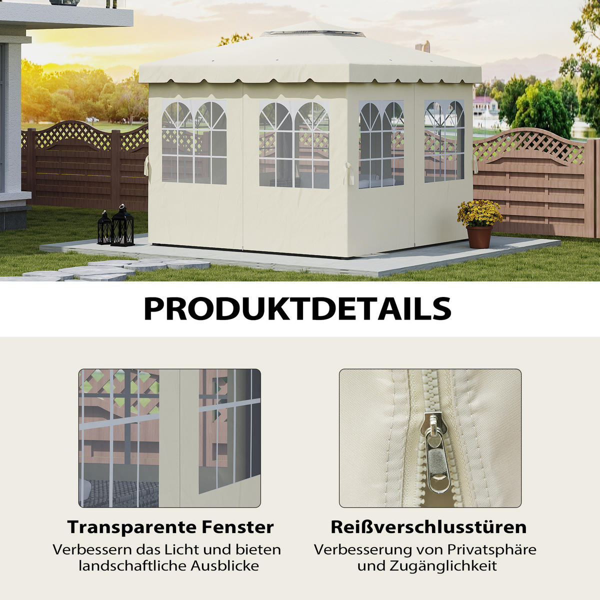 PAVILLON-SEITENWÄNDE, 4 Seitenwand-Paneele für Gartenpavillon, mit Reißverschluss, 3 x 3 m Pavillon, Cremeweiß - Creme, Textil (302/205/1cm)