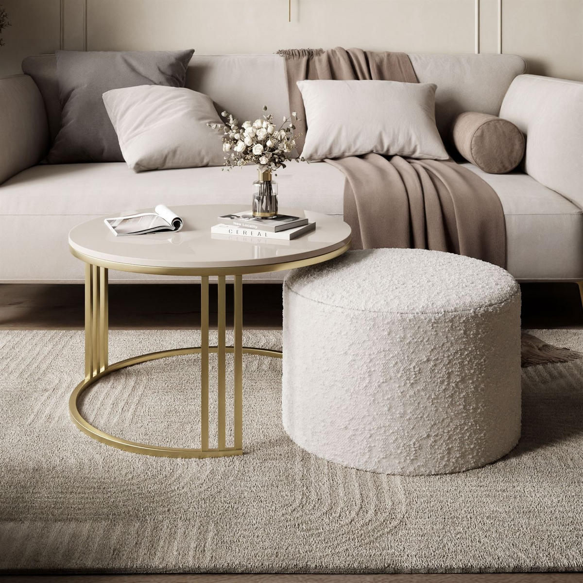 COUCHTISCH mit Hocker LORI Hochglanz gebürstetes Gold/glänzender Kaschmir/Coral 65 - Kaschmir, Metall (70/70/49cm) - Lookway