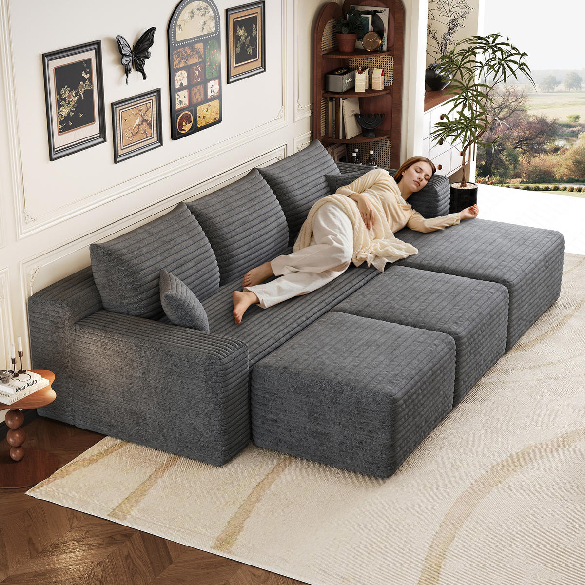 WOHNLANDSCHAFT Cord Dunkelgrau ohne Montage - Grau, Textil (241/58/151cm) - WISHDOR