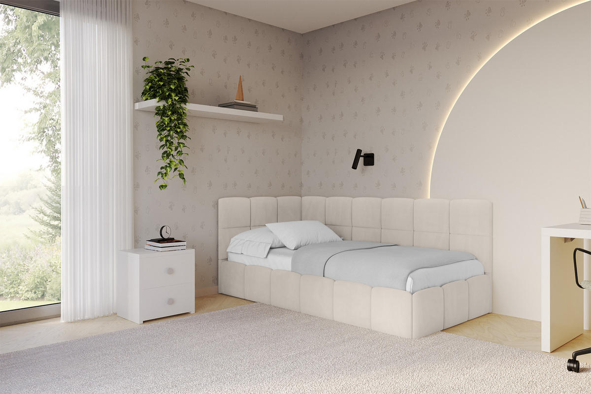 EINZELBETT Jugendbett mit Bettkasten Rechts, ohne Matratze - LIVY 80x200 Beige - Beige, Holzwerkstoff/Textil (80/200cm) - ALTDECOR