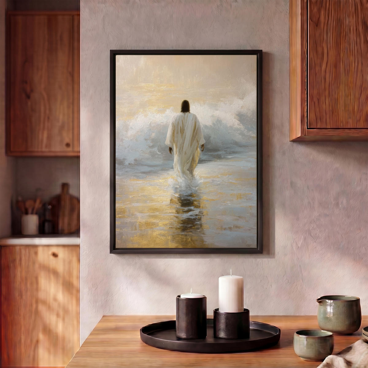 LEINWAND Bilder mit Rahmen - Gemälde - Welle - Jesus - Abstrakt - 30x40 - Goldfarben, Textil (30/40cm) - MuchoWow