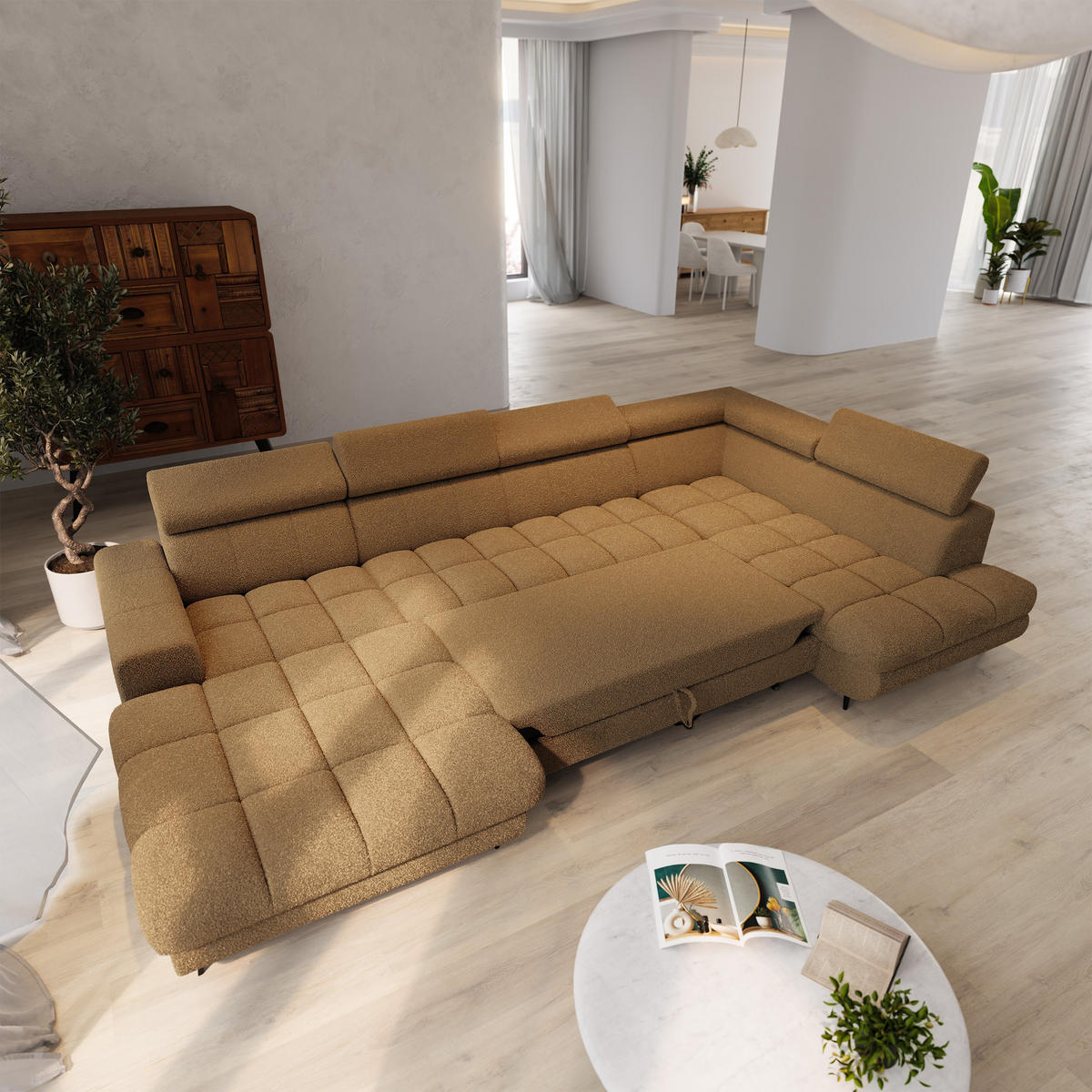 WOHNLANDSCHAFT CORENO Orange Boucle-Stoff mit Schlaffunktion - Orange, Holz (345/88/190cm) - MASSENO