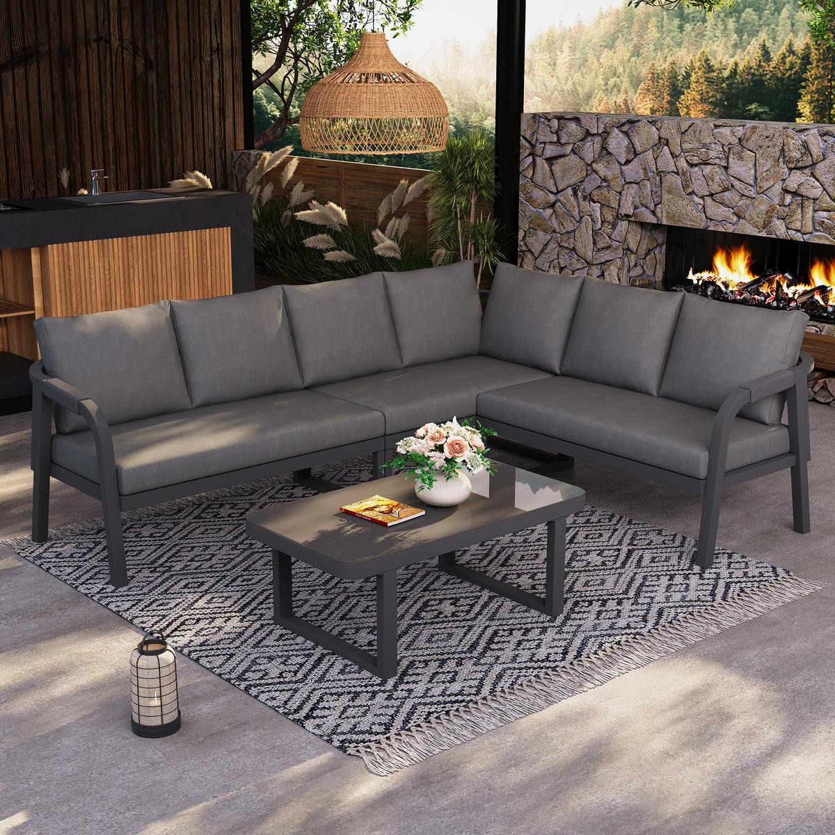 GARTENMÖBEL-SET 6 Personen Ecksofa Couchtisch Stahl Grau - Grau, Textil - FLIEKS