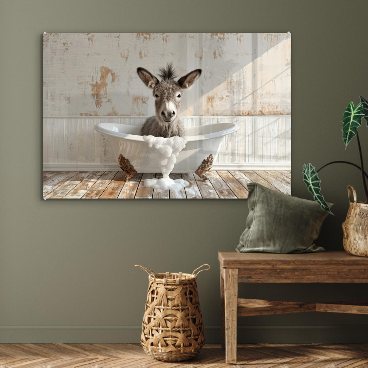 ACRYLGLASBILD Esel - Tiere - Badewanne - Schaumstoff 90x60 cm - Weiß, Glas (90/60cm) - MuchoWow