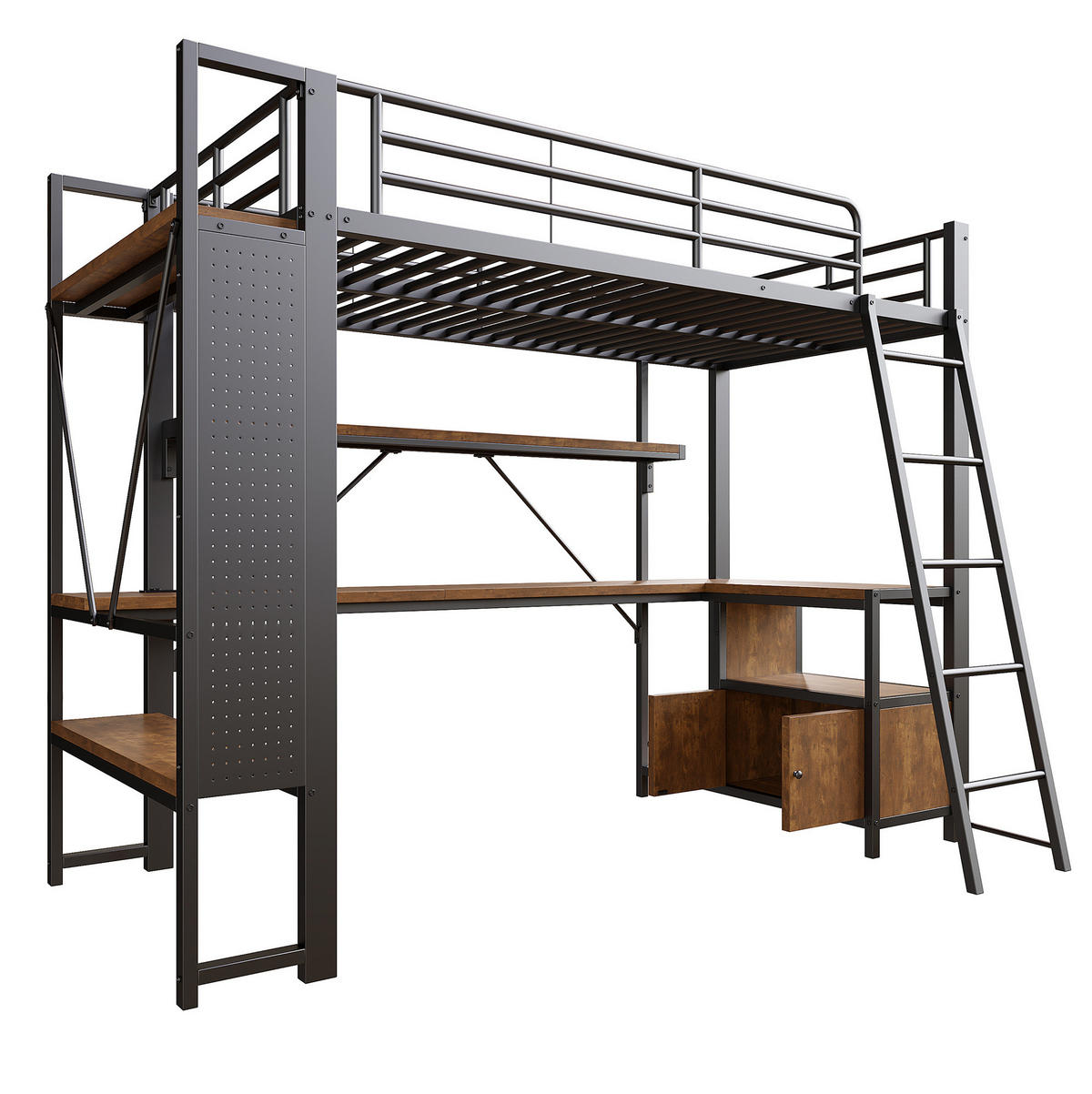 HOCHBETT 90/200 cm mit Schreibtisch, LED-Lichtleiste, USB-Anschluss und Stauraum, Schwarz - Schwarz, Metall (90/200cm) - Redom