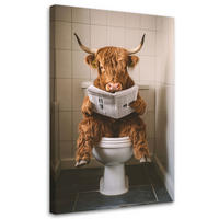 LEINWANDBILD Schottische Kuh mit Zeitung in der Toilette - Braun, Textil (60/90cm) - Feeby