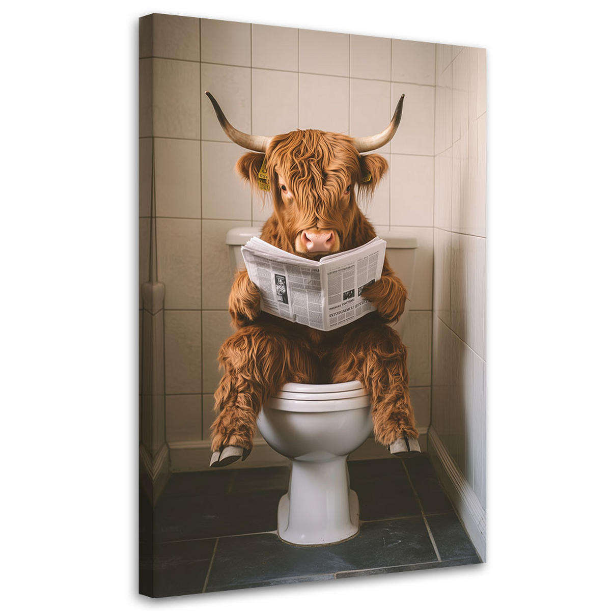 LEINWANDBILD Schottische Kuh mit Zeitung in der Toilette - Braun, Textil (60/90cm) - Feeby