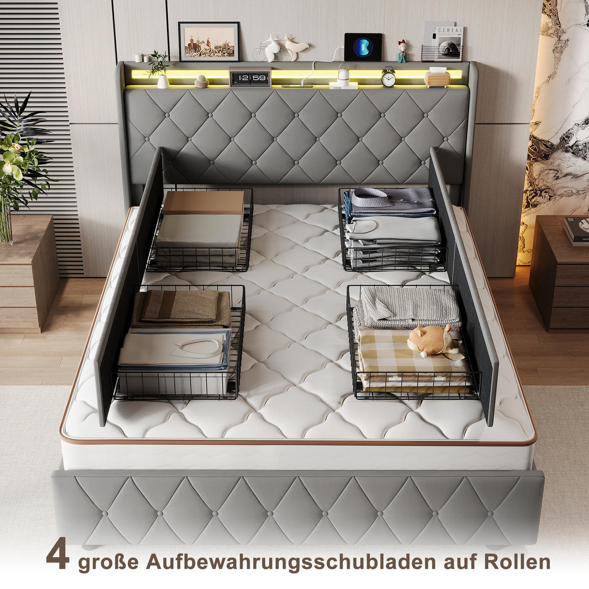 POLSTERBETT 140x200 cm, 4 Schubladen mit Rollen, RGB LED, USB-/Typ-C-Anschlüsse,Samtstoff, Grau - Grau, Holz (140/200cm) - BRILVERDE