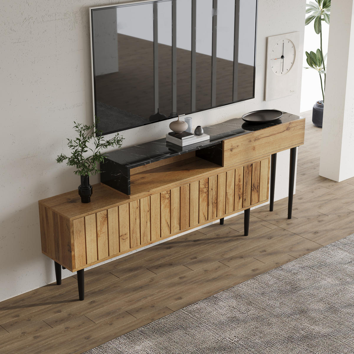 LOWBOARD TV-Lowboard aus MDF und Spanplatte mit Marmor- und Holzdekor Naturfarben - Naturfarben, Holzwerkstoff (240/58/22cm) - Modenvie