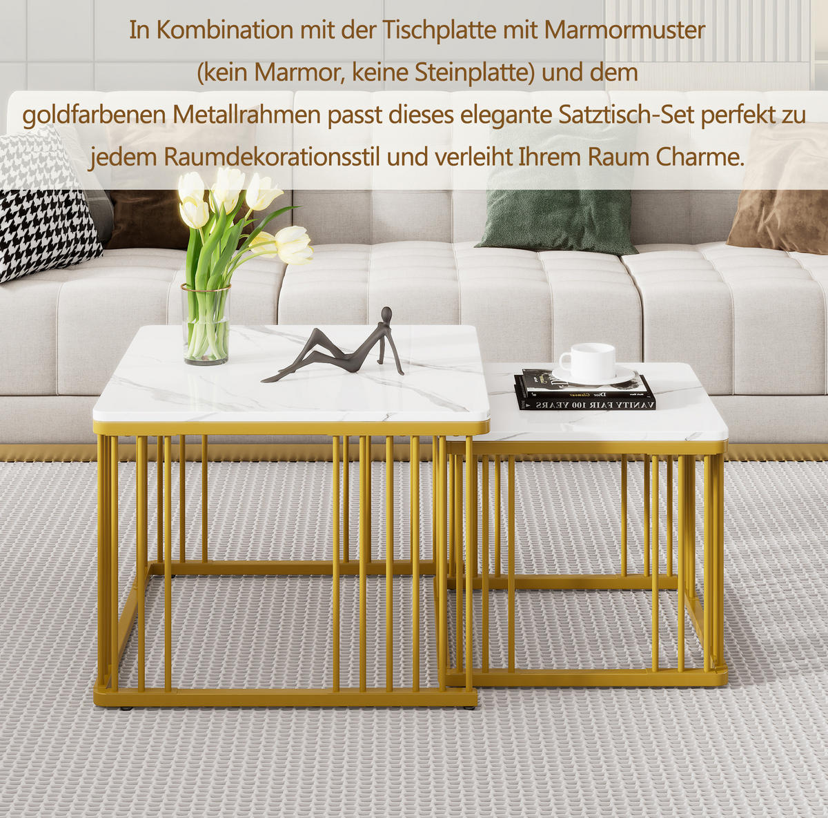 COUCHTISCH 2er-Set ineinanderschiebbar 60 x 60/45 x 45 cm Marmoroptik Weiß - Weiß, Metall (60/60/45cm) - Meubliv