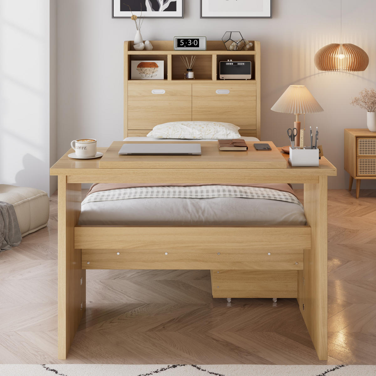 JUGENDBETT 90/200 cm in Natur mit Stauraum, Klapptisch und Kopfteilregal - Naturfarben, Holzwerkstoff - STILVORA