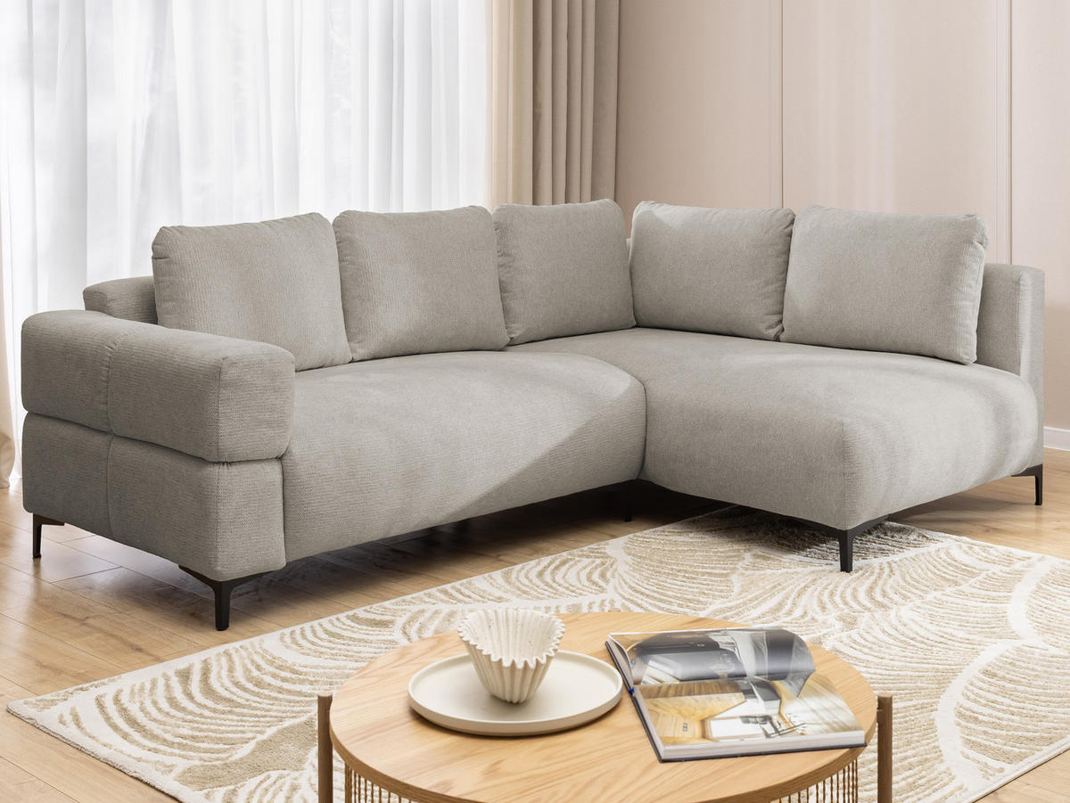 ECKSOFA Cardea in Bubble-Optik aus weichem Taupe Strukturstoff mit hohem Sitzkomfort - Ottomane rechts - Taupe/Schwarz, Holz/Textil (230/170cm) - S-Style Möbel