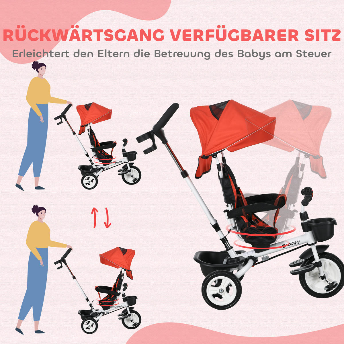 6 in 1 Dreirad mit Schubstange, Kinderdreirad mit Sicherheitsgurt, Sonnendach - Rot, Metall (112/50/104cm) - HOMCOM