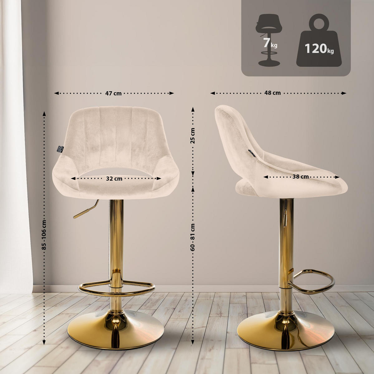 BARHOCKER 2 Samt Creme - Creme, Textil (47/85/48cm) - CLP
