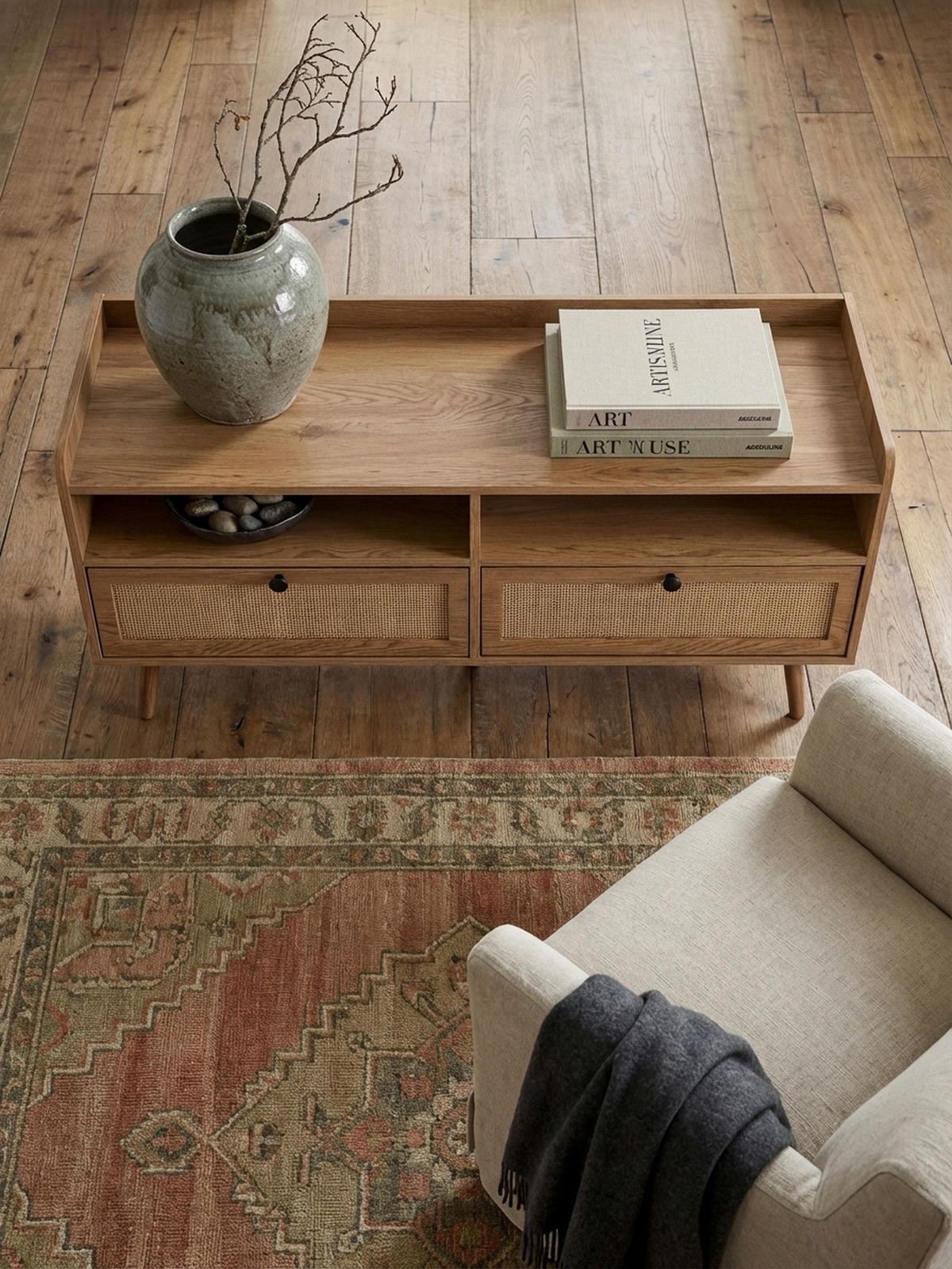 LOWBOARD Eiche-Dekor Rattan Modern Stil 120x56x39 cm mit Schubladen - Eichefarben/Braun, Holz (120/56/39cm) - KADIMA DESIGN