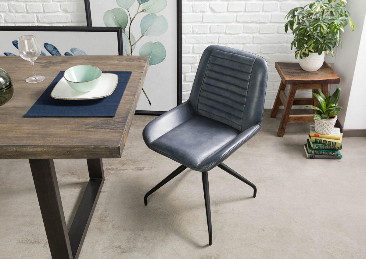 STUHL Echtleder 49 x 56 x 83 cm blau IRON LABEL #509 - Blau, Leder (49/83/56cm) - Massivmoebel24
