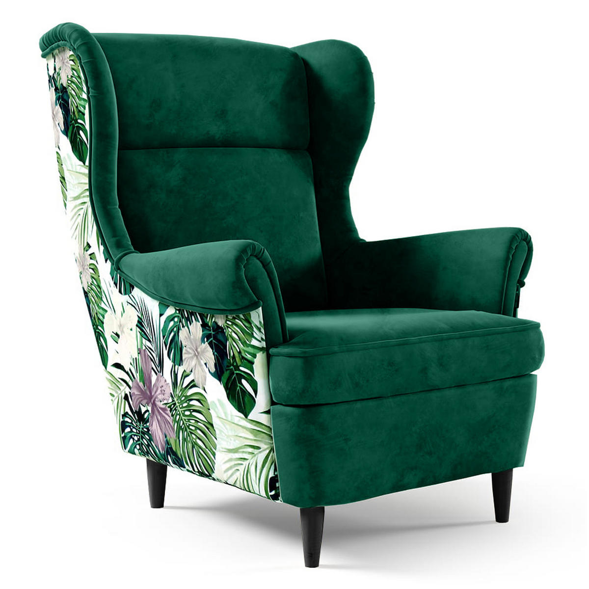 OHRENSESSEL Havana im skandinavischen Stil, Dunkelgrün, mit Beinen in Wengefarbe - Wengefarben/Dunkelgrün, Holzwerkstoff (82/102/92cm) - Beautysofa