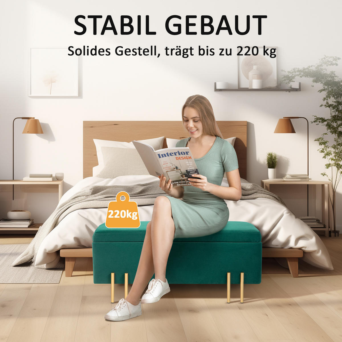 GEPOLSTERTE Sitzbank mit Stauraum, Metall, Kautschukholz, Schaumstoff Grün - Grün, Textil (40/42/100cm) - HOMCOM