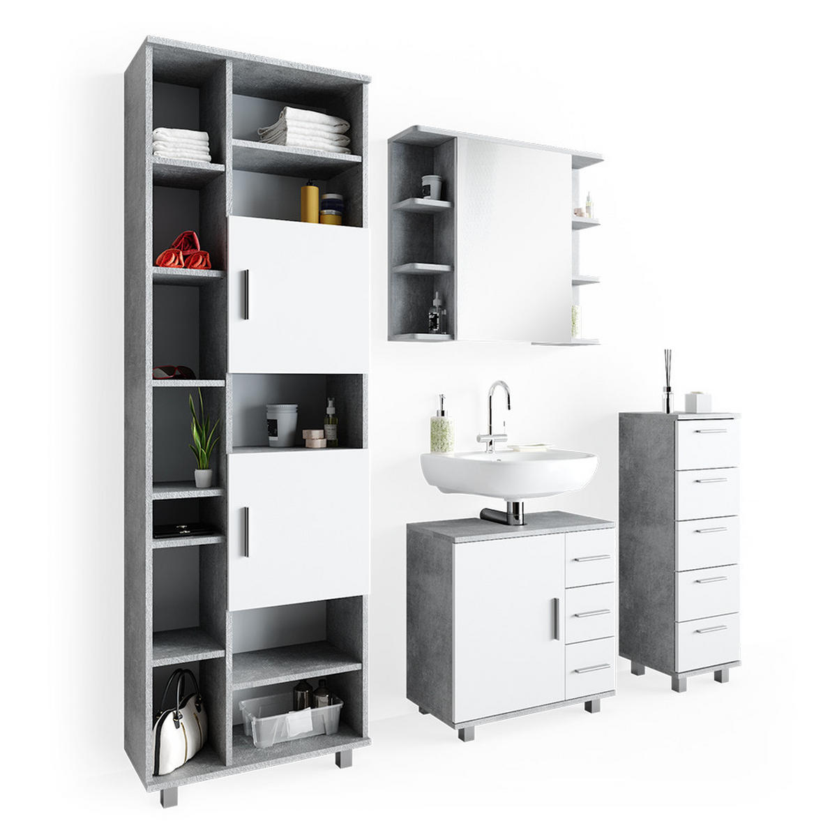BADMÖBEL-SET Ilias Beton 4 Teile - Schieferfarben/Weiß, Holzwerkstoff (60/60/33cm) - Vicco
