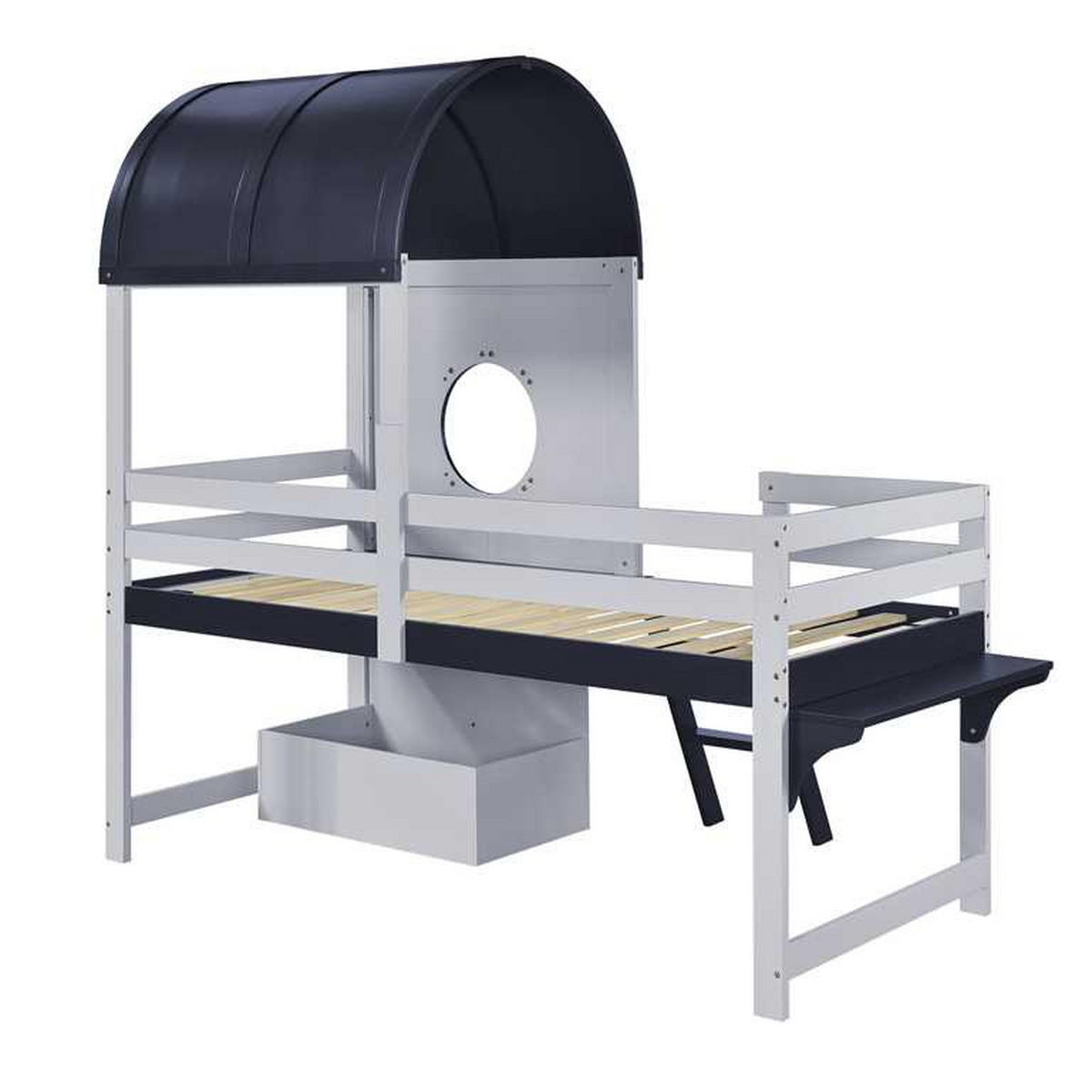 KINDERBETT 90/200 cm DE-02348, in Weiß/Dunkelblau, mit Dach, Fenster, Schublade und Leiter - Weiß/Dunkelblau, Holz/Holzwerkstoff (90/200cm) - ComfortXL